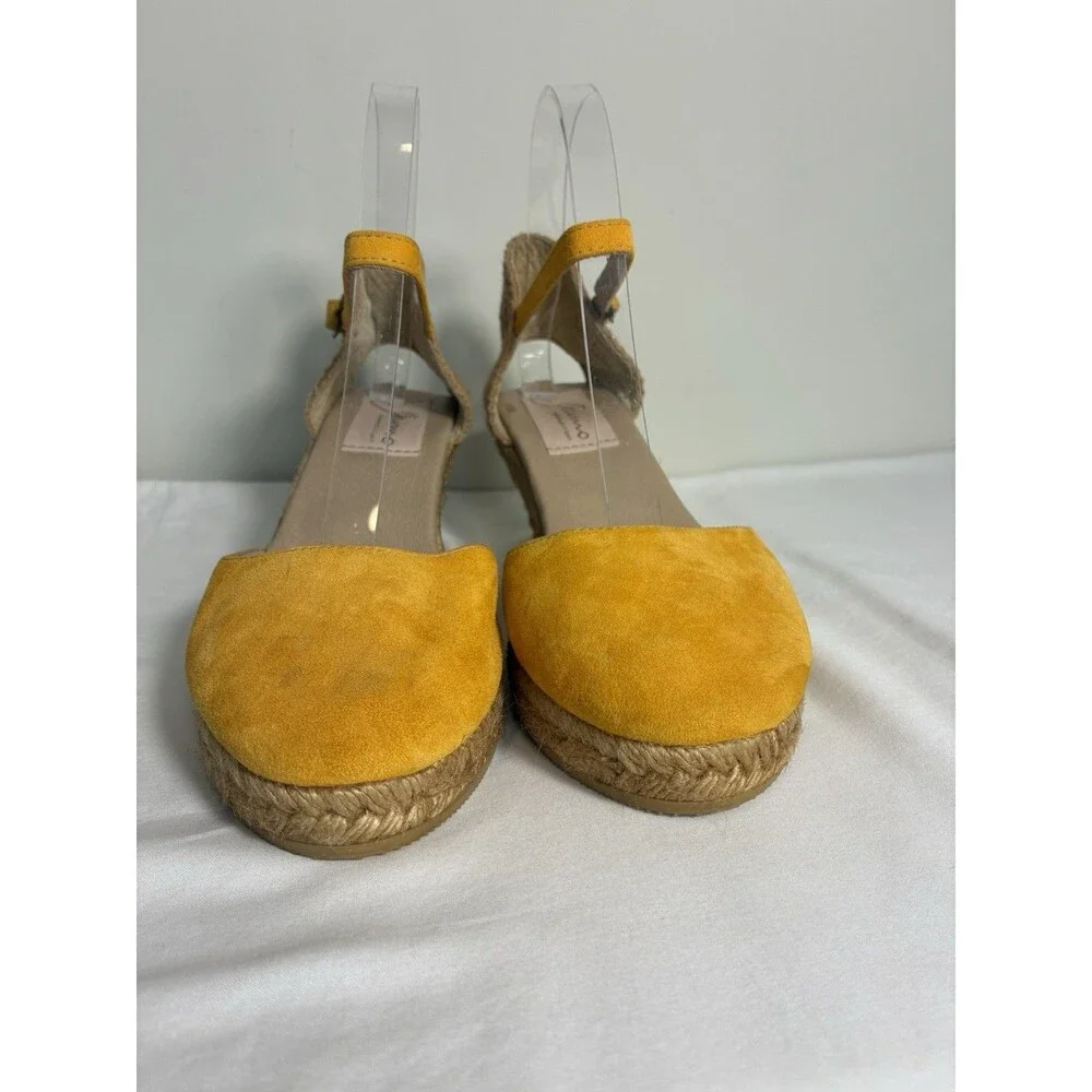 Gaimo Wedge Sandal Sz 9 Yellow Suede Espadrille Handmade In Spain Round toe Rope